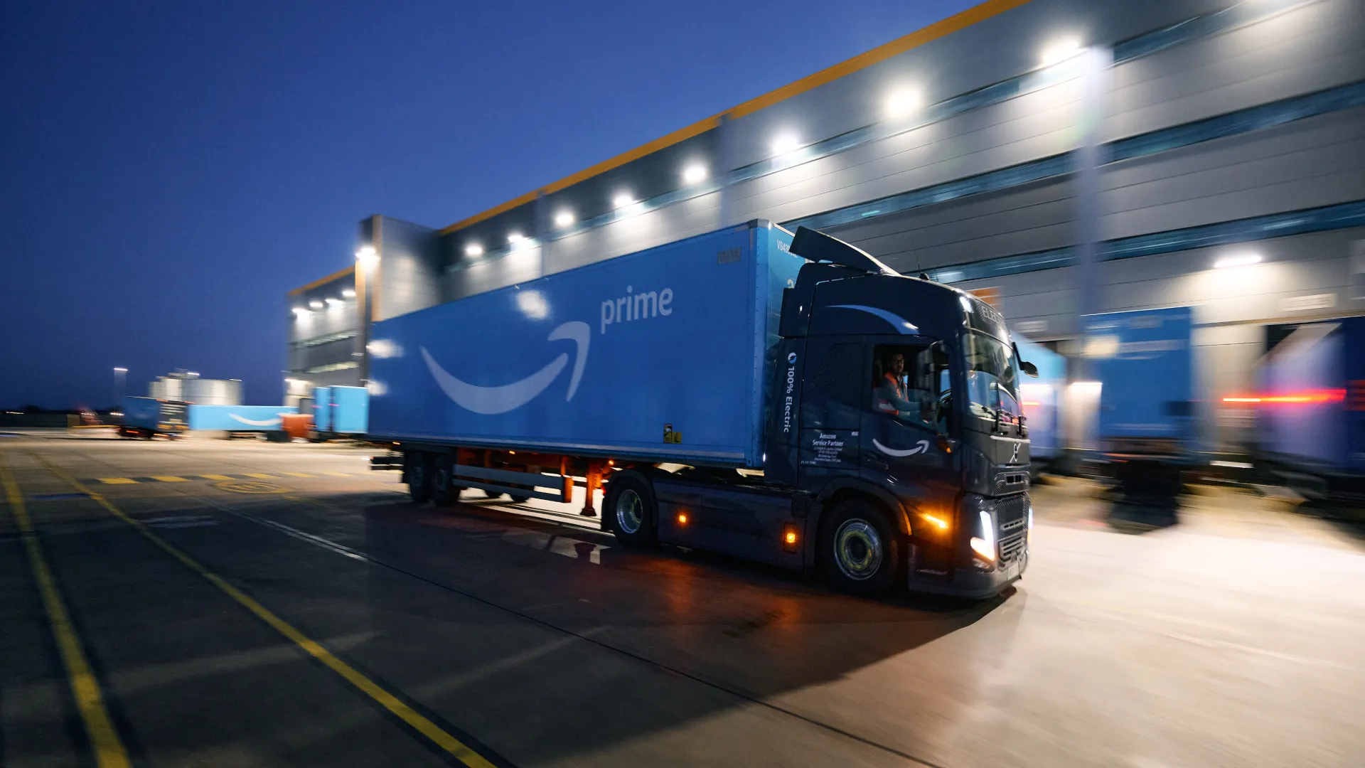 Amazon Freight Partners truck navigating a dedicated AFP logistics parking facility